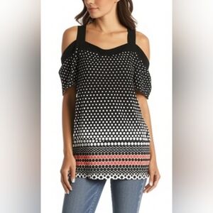 Perceptions Women's plus cold shoulder short sleeve polka dot stretch blouse